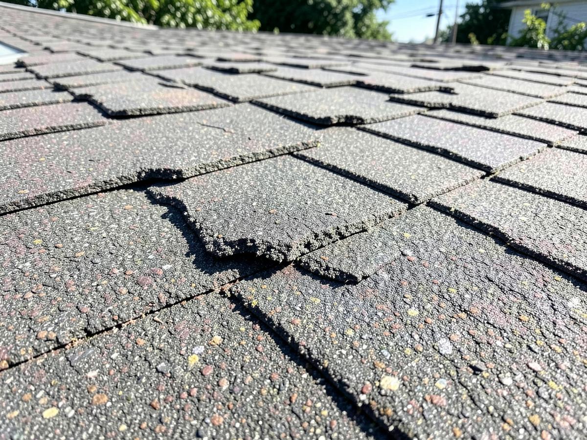 Shingles losing flexibility — example of roof wear