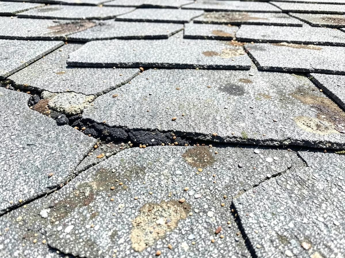 Granules wearing away — example of roof wear